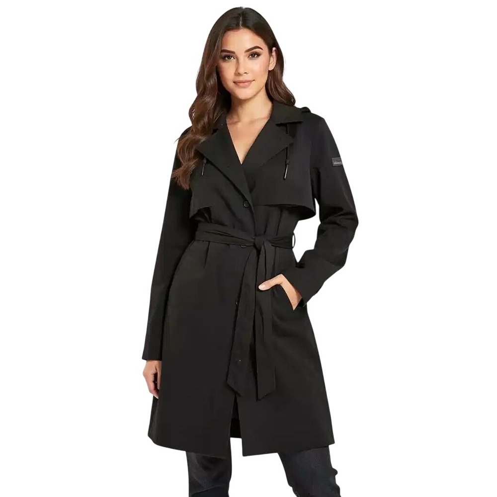 DKNY $200Womens Black WaterResistant Hooded Trench Coat Belted Rain Jacket L NWT
